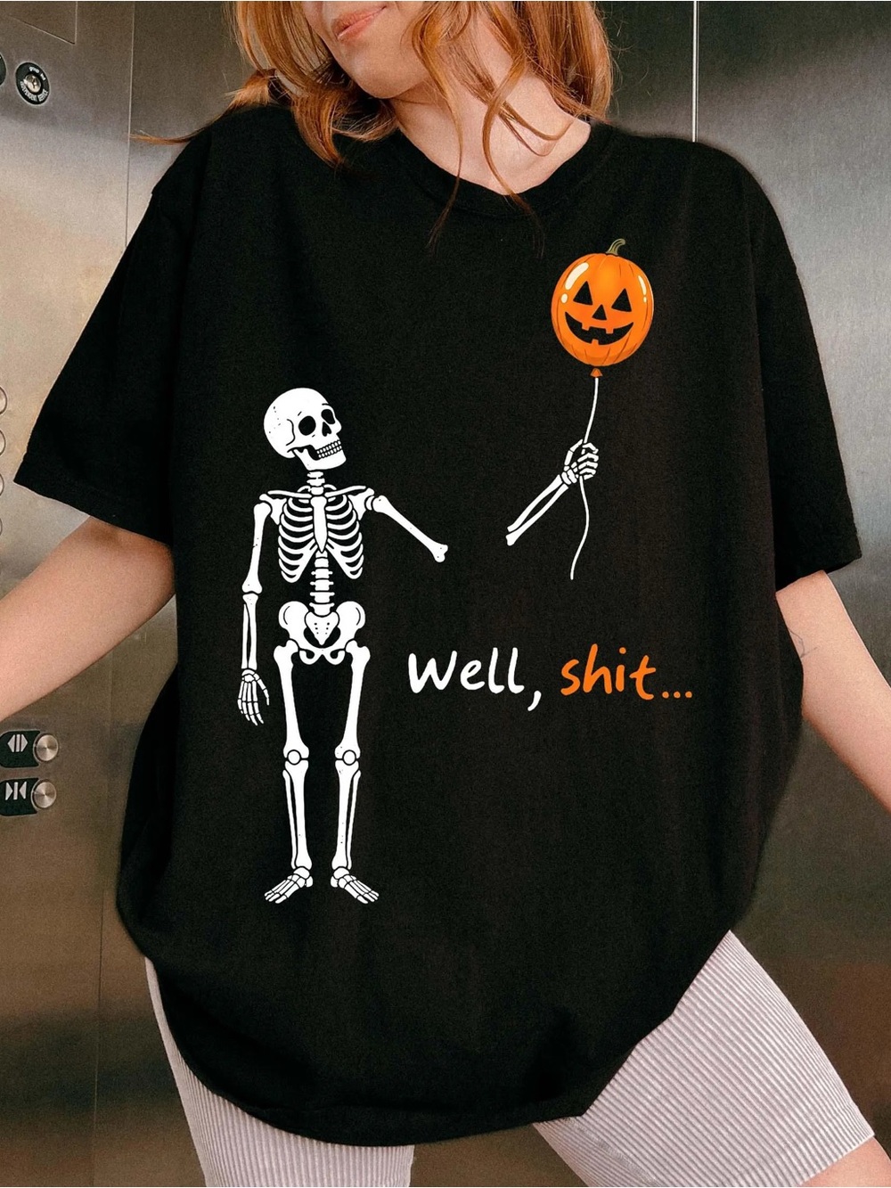 Well Halloween Skeleton Funny Pumpkin Graphic Tee - Black Unisex